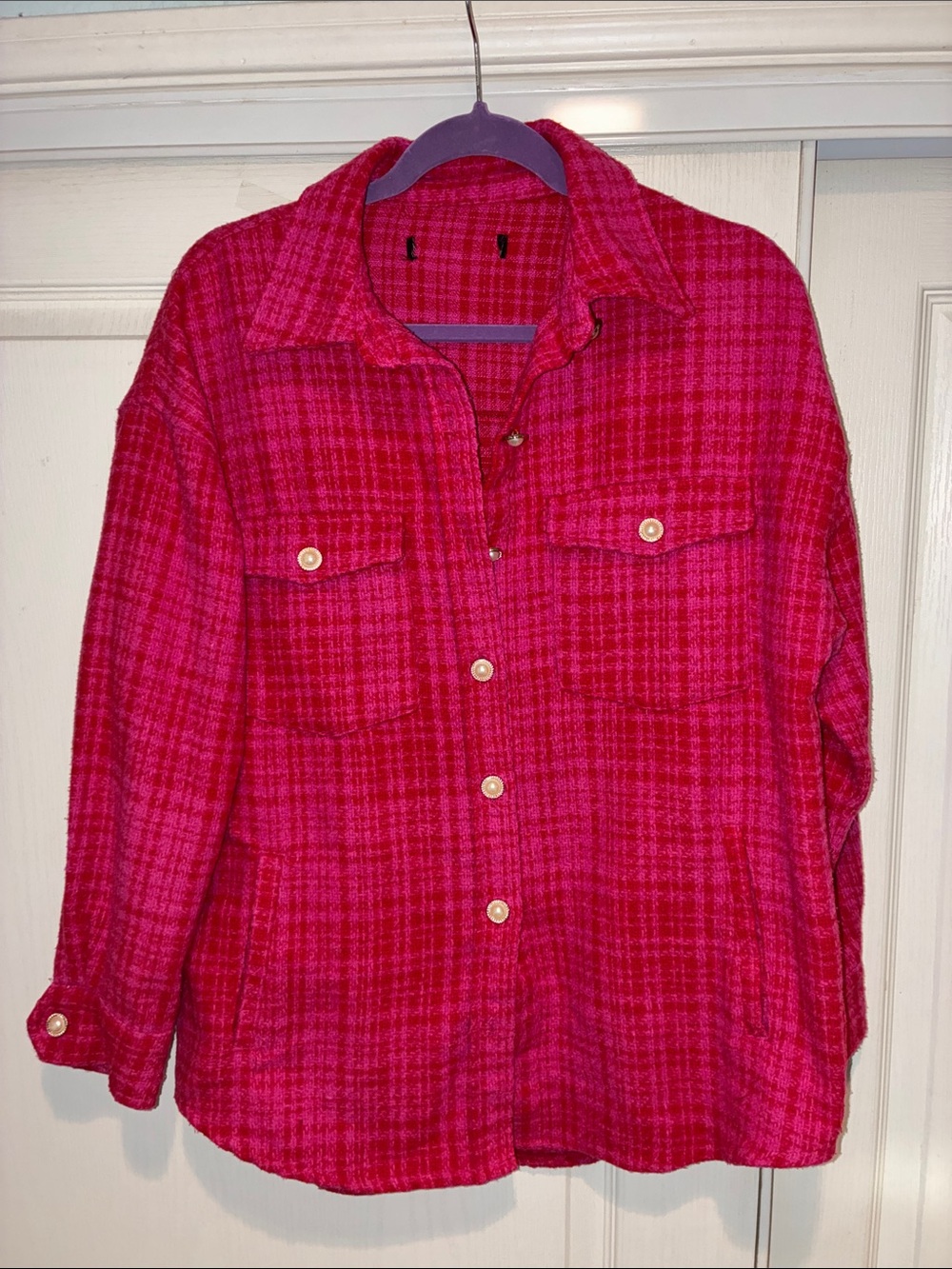 Women's Plaid Button-Up Shacket - Pink